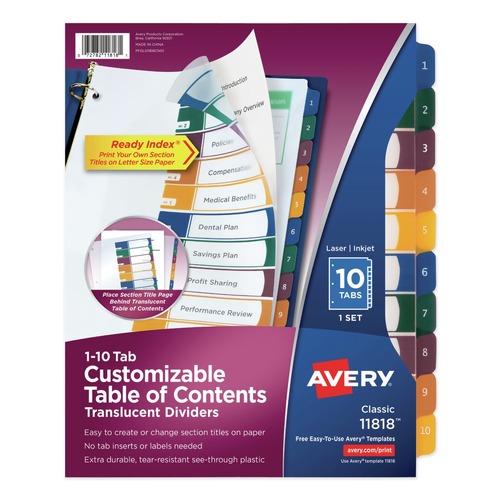 Dividers & Tabs | Avery 11818 Ready Index 11 in. x 8.5 in. 10-Tab 1 to 10 Customizable Table of Contents Dividers - Translucent/Multicolor Tabs (1-Set) image number 0