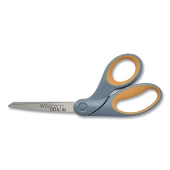 Westcott 13731 8 in. Long 3.5 in. Cut Length Titanium Bonded Scissors - Crane-Style Gray/Yellow Handle