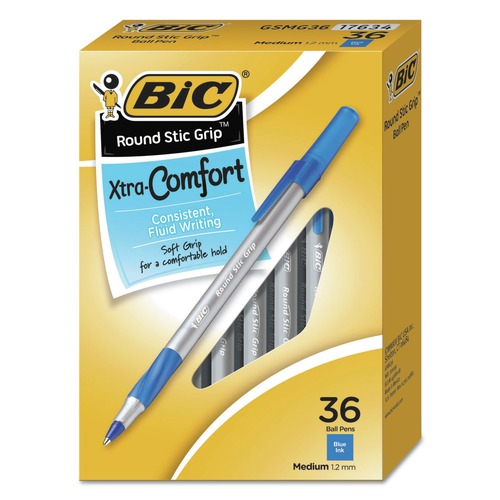 Pens | BIC GSMG361-BE Round Stic Grip Xtra Comfort Medium 1.2 mm Stick Easy-Glide Ballpoint Pen Value Pack - Blue Ink/Gray/Blue Barrel (36/Pack) image number 0