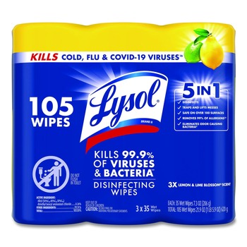 LYSOL Brand 19200-82159 7 in. x 7.25 in. 1-Ply Disinfecting Wipes - Lemon and Lime Blossom White (3/Pack)