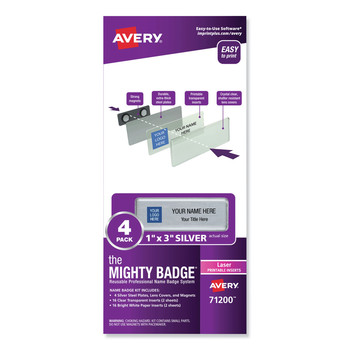 Avery 71200 The Mighty Badge 3 in. x 1 in. Horizontal Laser Name Badge Holder Kit - Silver (4/Pack)