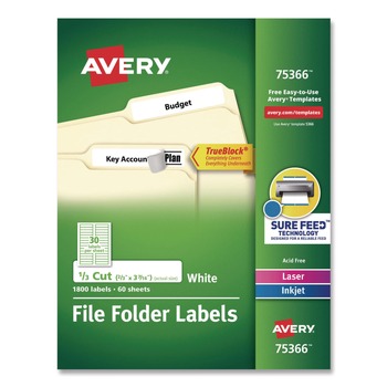 Avery 75366 0.66 in. x 3.44 in. Permanent TrueBlock File Folder Labels with Sure Feed Technology - White (1800/Box)