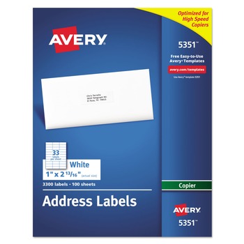 Avery 05351 1 in. x 2.81 in. Copier Mailing Labels - White (33/Sheet, 100 Sheets/Box)
