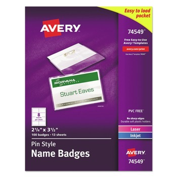 Avery 74549 3.5 in. x 2.25 in. Top Load Pin-Style Badge Holder with Laser/Inkjet Insert - White (100/Box)