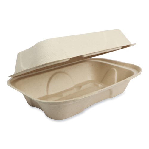 Food Trays, Containers, and Lids | World Centric TO-SC-UHB-LFP 9.2 in. x 6.4 in. x 3.1 in. Hoagie Box Paper Fiber Hinged Containers - Natural (500/Carton) image number 0