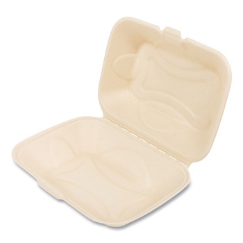 Boardwalk BWKHINGE96NPFA 6 in. x 3 in. x 9 in. Bagasse PFAS-Free Hinged Lid Food Containers - Tan (250/Carton)