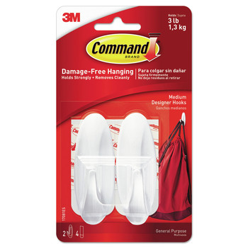 Command 17081ES 3 lbs. Capacity Medium Plastic General Purpose Designer Hooks - White (2/Pack)