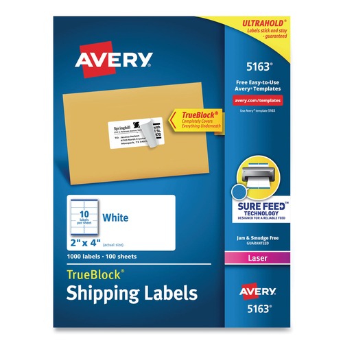 Back to School Sale | Avery 05163 2 in. x 4 in. Shipping Labels with TrueBlock Technology for Laser Printers - White (10/Sheet, 100 Sheets/Box) image number 0