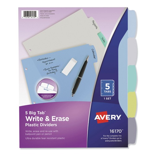 Back to School Sale | Avery 16170 Write and Erase Big Tab 11 in. x 8.5 in. 5-Tab 3-Hole Punched Durable Plastic Dividers - Assorted (1-Set) image number 0