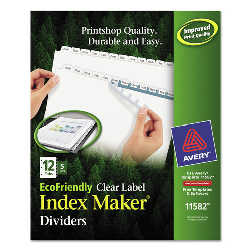 Dividers & Tabs | Avery 11582 11 in. x 8.5 in. 12-Tab Index Maker EcoFriendly Print and Apply Clear Label Dividers - White (5 Sets/Pack) image number 0