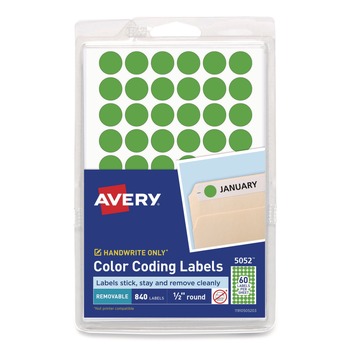 Avery 05052 0.5 in. Diameter Handwrite Only Self-Adhesive Removable Round Color-Coding Labels - Neon Green (840/Pack)