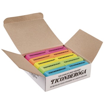 PRODUCTS | Ticonderoga X38930 Slanted-Edge Rectangular Block Medium Neon Wedged Block Erasers for Pencil Marks - Assorted Colors (30/Box)