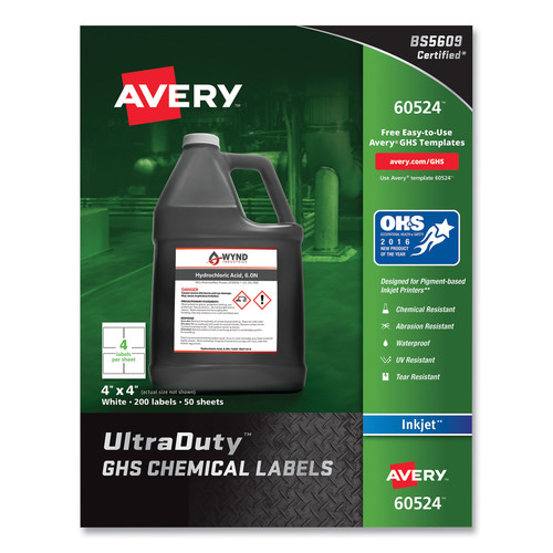 Labels | Avery 60524 UltraDuty 4 in. x 4 in. GHS Chemical Waterproof and UV Resistant Labels - White (200/Pack) image number 0