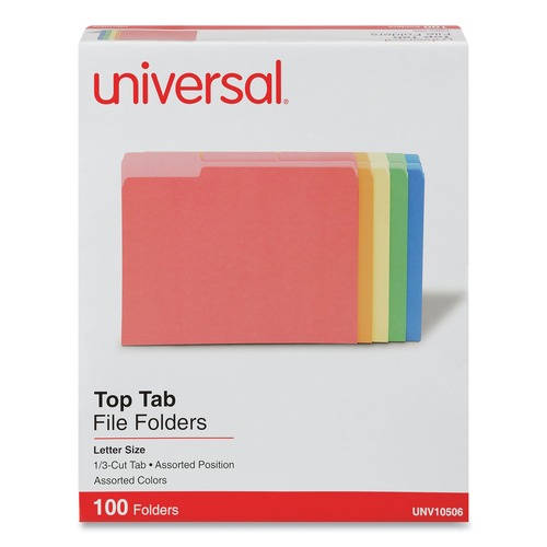 File Folders | Universal UNV10506EE Deluxe Colored 1/3-Cut Top Tab Letter Size File Folders - Assorted (100/Box) image number 0