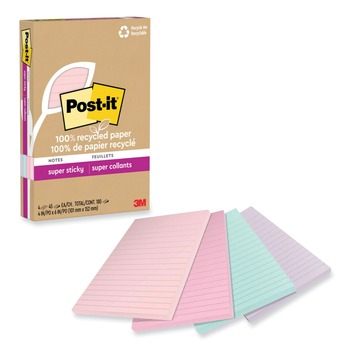 STICKY NOTES AND POST ITS | Post-it Notes Super Sticky 70007079570 4 in. x 6 in. Ruled 100 Percent Recycled Paper Super Sticky Notes - Wanderlust Pastels (4-Pads/Pack)