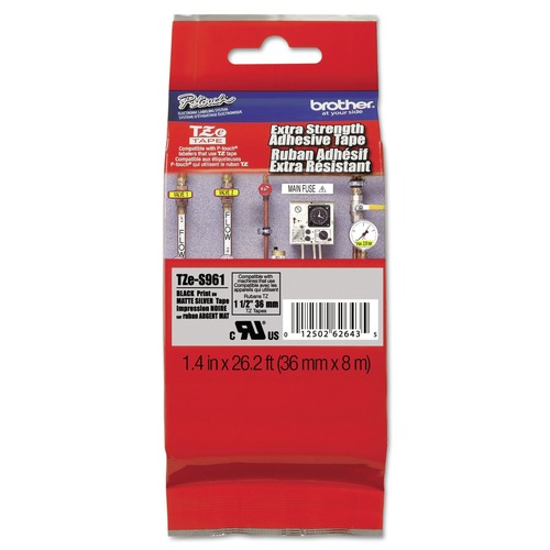 Labels | Brother P-Touch TZES961 1.4 in. x 26.2 ft. TZ Extra-Strength Adhesive Laminated Labeling Tape - Black on Matte Silver image number 0