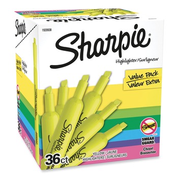 Sharpie 1920938 Chisel Tip Tank Style Highlighter Value Pack - Fluorescent Yellow Ink, Yellow Barrel (36/Box)