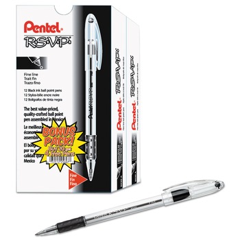 Pentel BK90ASW2 Stick Fine 0.7 mm R.S.V.P. Ballpoint Pen Value Pack - Black Ink, Clear/Black Barrel (24/Pack)