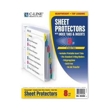 C-Line 05580 2 in. Sheet Capacity 8-1/2 in. x 11 in. Sheet Protectors with Index Tabs - Assorted Colors (8/Set)