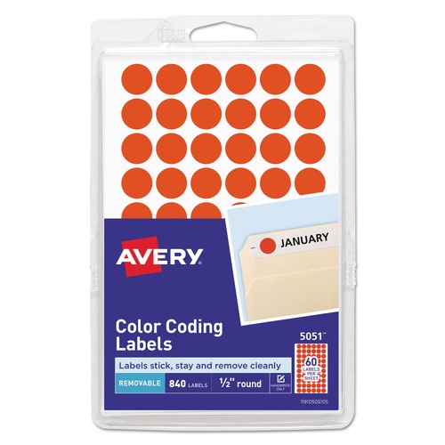 Labels | Avery 05051 0.5 in. Diameter Handwrite Only Self-Adhesive Removable Color-Coding Labels - Neon Red (840/Pack) image number 0