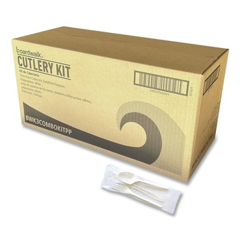 Boardwalk BWK3COMBOKITPP 6.97 in. Plastic Mediumweight Fork/Knife/Spoon 3-Piece Cutlery Kit - White (250/Carton)