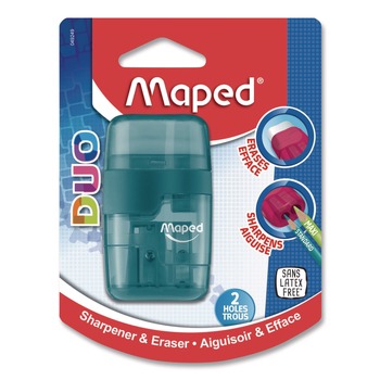 Maped Helix 049249 DUO 2-Hole Canister Pencil Sharpener/Eraser Combo, 3.74 x 1.08 x 4.92, Randomly Assorted Colors