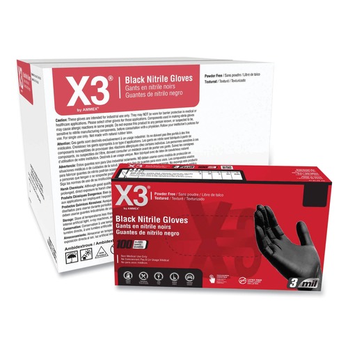 Disposable Gloves | Ammex BX344100 9.5 in. Long 3 mil Powder-Free Industrial Nitrile Gloves - Medium/Black (1000/Carton) image number 0