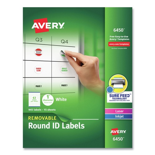 Labels | Avery 06450 1 in. Diameter Inkjet/Laser Removable Multi-Use Labels - White (945/Pack) image number 0