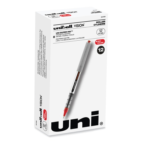 Pens | uni-ball 60139 VISION Fine 0.7 mm Stick Roller Ball Pen - Red Ink Silver/Red/Clear Barrel (1-Dozen) image number 0