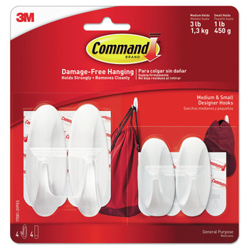 Command 17081-2VPES 1 lbs./3 lbs. Capacity Small/Medium Plastic General Purpose Designer Hooks - White (4/Pack)