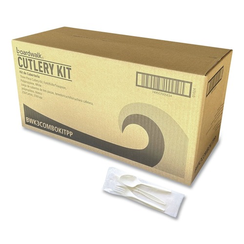 Cutlery | Boardwalk BWK3COMBOKITPP 6.97 in. Plastic Mediumweight Fork/Knife/Spoon 3-Piece Cutlery Kit - White (250/Carton) image number 0