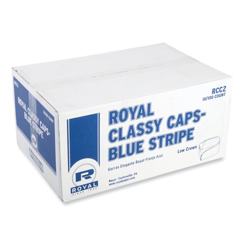Food Service | AmerCareRoyal RCC2 Adjustable Crepe Paper Classy Cap - One Size Fits All/White/Blue Stripe (1000/Carton) image number 0