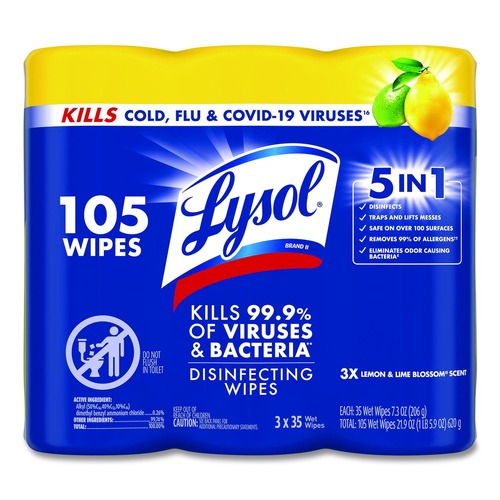 Hand Wipes | LYSOL Brand 19200-82159 7 in. x 7.25 in. 1-Ply Disinfecting Wipes - Lemon and Lime Blossom White (3/Pack) image number 0
