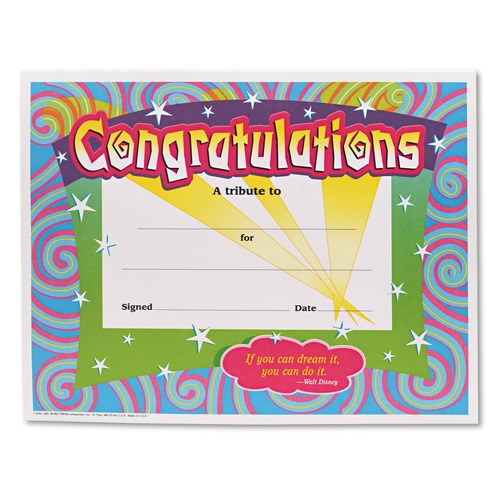 Frames | TREND T2954 11 x 8.5 Congratulations Colorful Classic Certificates - Assorted Colors with White Border (30/Pack) image number 0
