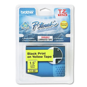 Brother P-Touch TZE661 1.4 in. x 26.2 ft. TZe Standard Adhesive Laminated Labeling Tape - Black on Yellow