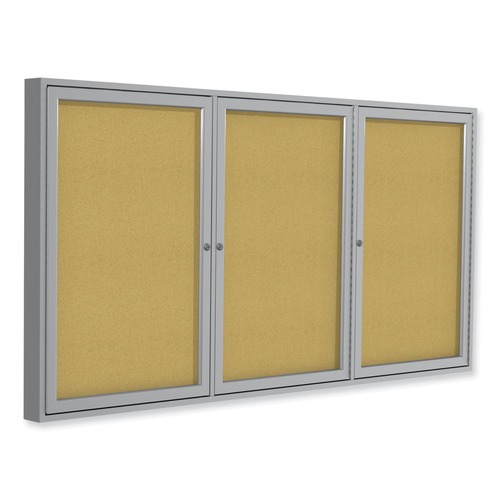 Project & Display Boards | Ghent PA34896K 96 in. x 48 in. 3 Door Enclosed Natural Cork Bulletin Board with Satin Frame - Tan Surface/Satin Aluminum Frame image number 0