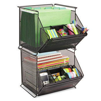 DESKTOP ORGANIZERS | Safco 2164BL 14 x 15.5 x 11.75 Onyx Stackable Steel Mesh 4-Compartment Storage Bin - Black