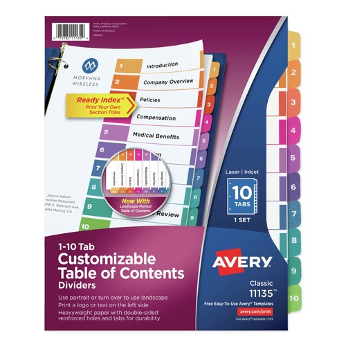 Back to School Sale | Avery 11135 Ready Index 11 in. x 8.5 in. 10-Tab 1 to 10 Customizable TOC Multicolor Tab Dividers - White/Traditional Color Tabs (1-Set) image number 0