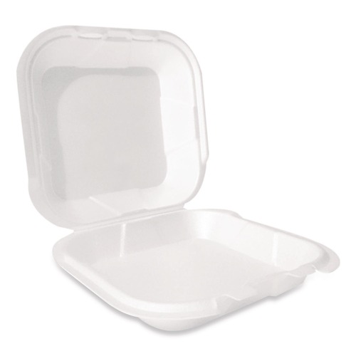 Food Trays, Containers, and Lids | Plastifar 12095 9 in. x 9 in. x 3 in. Secure Two Tab Latch Poly Bag Foam Hinged Lid Container - White (200/Carton) image number 0