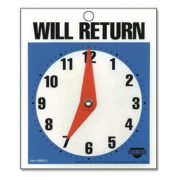 Headline Sign 09382 7.5 in. x 9 in. Plastic Double-Sided Open/Will Return Sign with Clock Hands