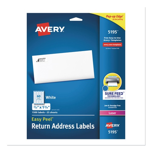 Labels | Avery 05195 0.66 in. x 1.75 in. Easy Peel Address Labels with Sure Feed Technology for Laser Printers - White (60/Sheet, 25 Sheets/Pack) image number 0