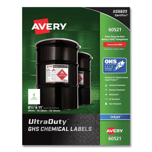 Labels | Avery 60521 UltraDuty 8.5 in. x 11 in. GHS Chemical Waterproof and UV Resistant Labels - White (50/Pack) image number 0