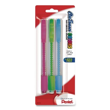 ERASERS AND CORRECTION SUPPLIES | Pentel ZE21TBP3M Clic Eraser Grip Eraser For Pencil Marks - White Eraser/Random Assorted Barrel Color (3/Pack)