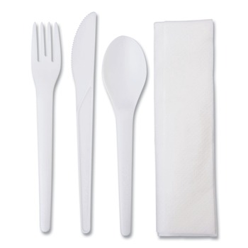 Eco-Products EP-S015 Plantware Compostable Fork/Knife/Napkin/Spoon Cutlery Kit - Pearl White (250/Carton)