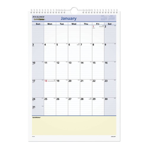 Bulletin Boards | AT-A-GLANCE PM52-28 12 in. x 17 in. 12-Month (Jan-Dec 2026) QuickNotes Wall Calendar - White/Blue/Yellow Sheets image number 0