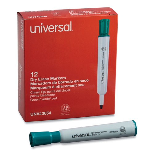 Washable Markers | Universal UNV43654 Broad Chisel Tip Dry Erase Marker - Green (1 Dozen) image number 0