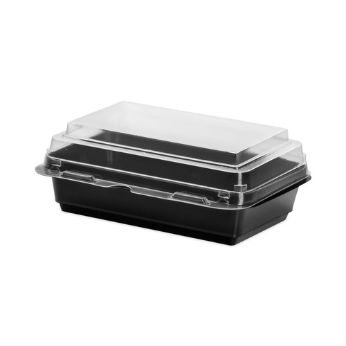Food Trays, Containers, and Lids | SOLO 846612-PS94 Creative Carryouts 7.87 in. x 5.4 in. x 2.1 in. 24 oz. Hinged Plastic Hot Deli Boxes - Black/Clear (200/Carton) image number 0