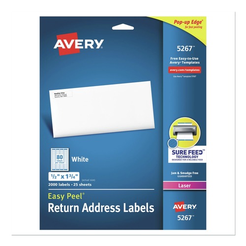 Labels | Avery 05267 Easy Peel Laser Printer 0.5 in. x 1.75 in. Address Labels with Sure Feed Technology - White (80/Sheet, 25 Sheets/Pack) image number 0