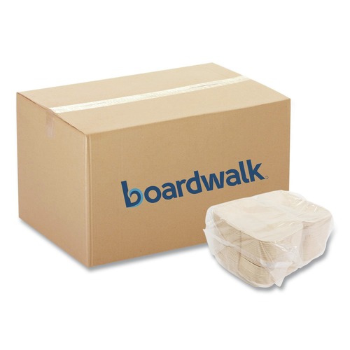 Food Trays, Containers, and Lids | Boardwalk BWKHINGE96NPFA 6 in. x 3 in. x 9 in. Bagasse PFAS-Free Hinged Lid Food Containers - Tan (250/Carton) image number 0
