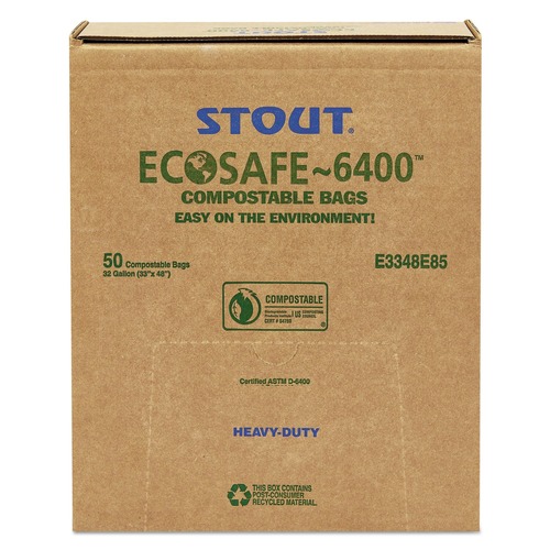 Trash Bags | Stout by Envision E3348E85 32 Gallon 0.85 mil 33 in. x 48 in. EcoSafe-6400 Bags - Green (50/Box) image number 0